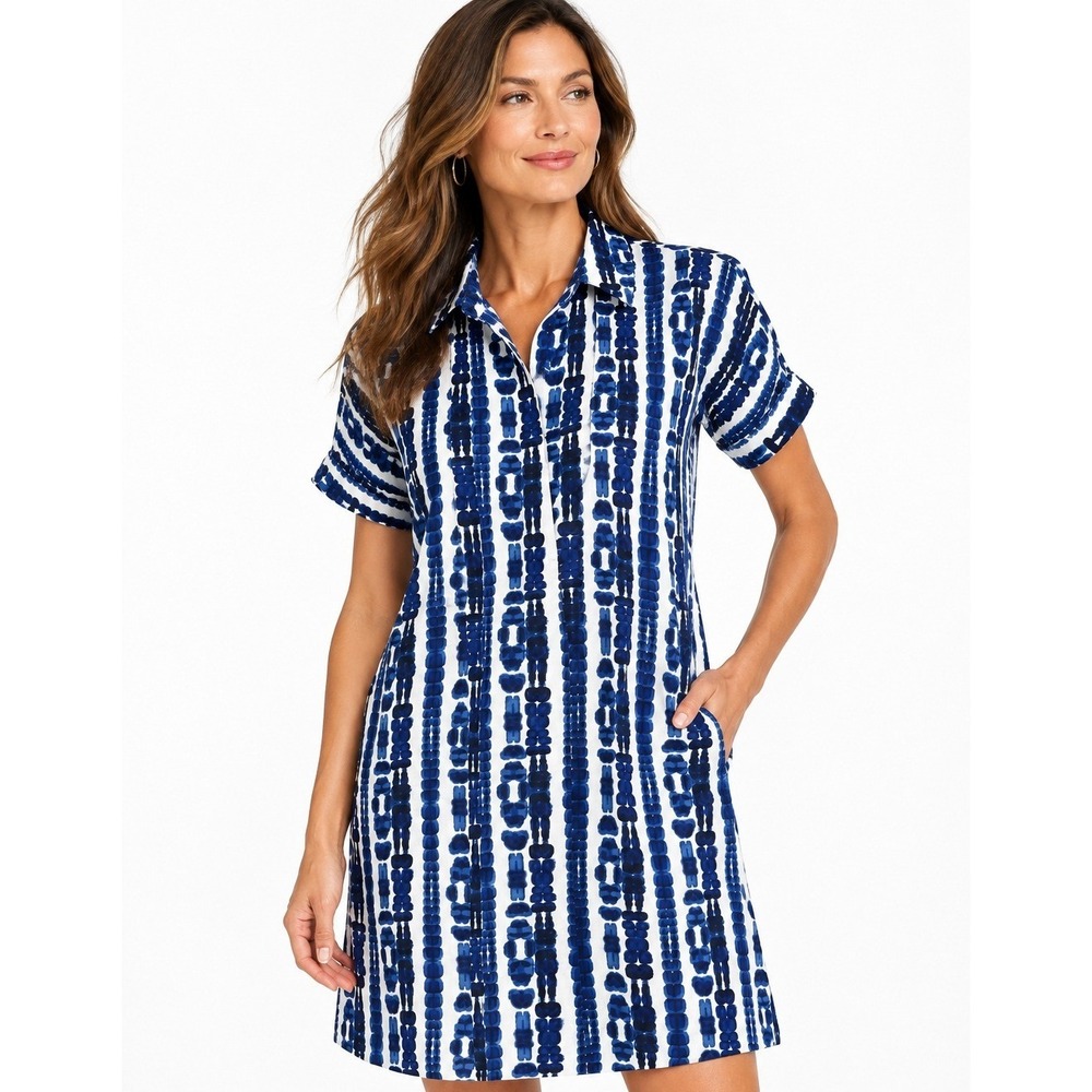 Nic+Zoe Devon Dress Indigo Blue White Abstract Print Short Sleeve L NEW